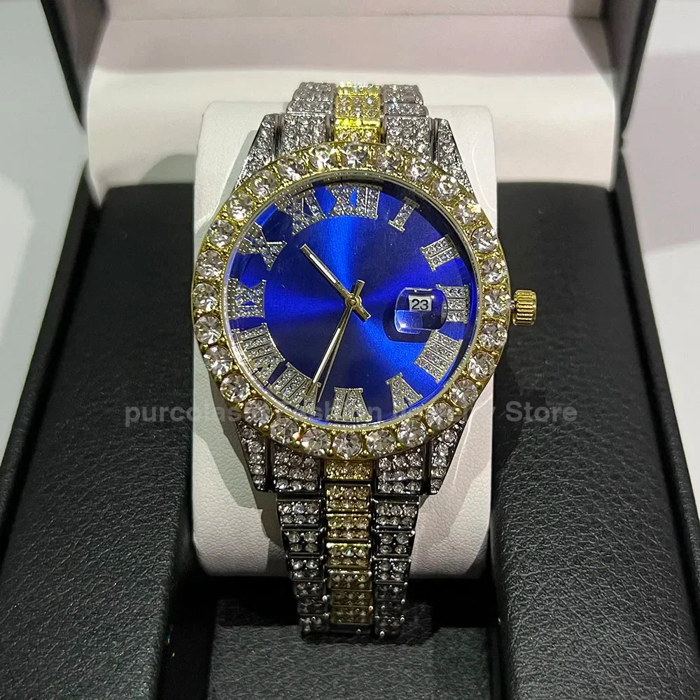 Personalized Hip Hop Watch with Shiny Rhinestones for Men, Luxury Clock, Band Length, Iced Steel Belt, 40mm Diameter Glass Dial