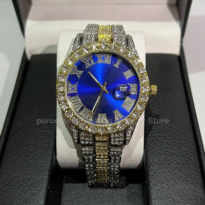 Personalized Hip Hop Watch with Shiny Rhinestones for Men, Luxury Clock, Band Length, Iced Steel Belt, 40mm Diameter Glass Dial