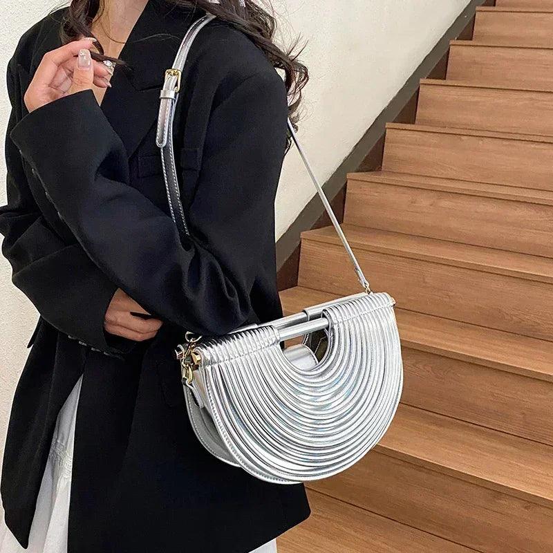 Handbags for women 2025 new gold luxury designer brand handwoven noodle bags rope knotted pulled half moon silver