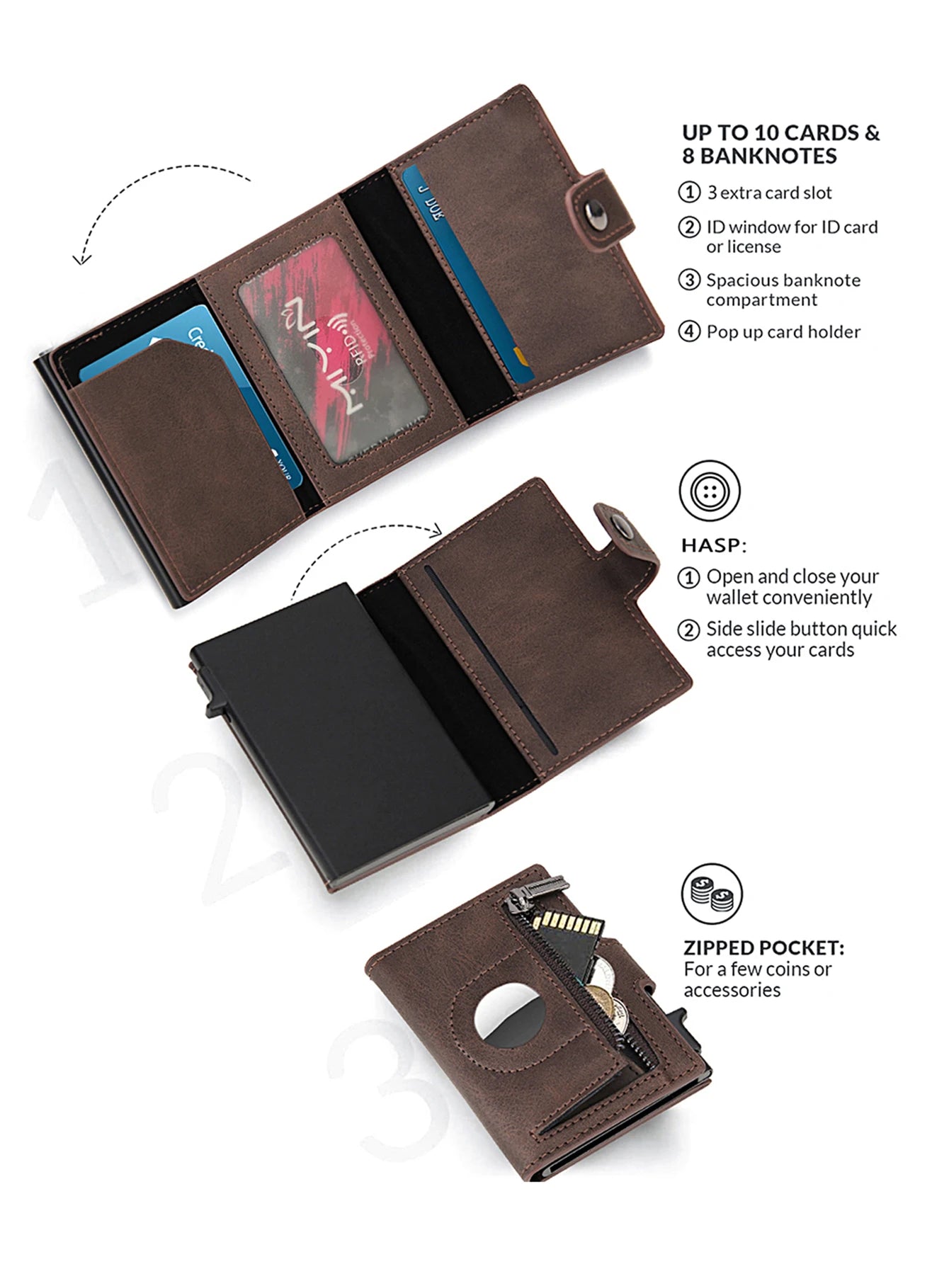 Brown RFID minimalist wallet with AirTag holder and credit card compartments