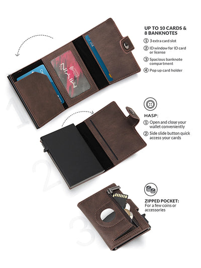 Brown RFID minimalist wallet with AirTag holder and credit card compartments