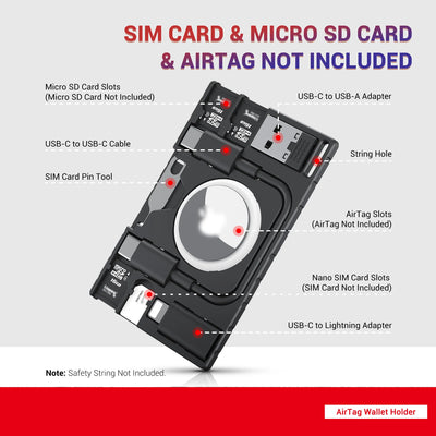 Black leather slim wallet with AirTag holder, card slots, and USB-C charging ports