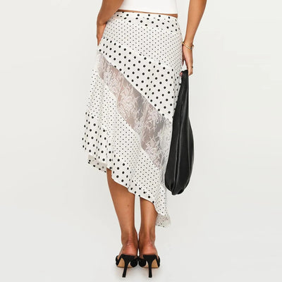 Women's Flowy Midi Skirt Vintage Low Waist Floral/Dots Print Long Skirt Lightweight Fall Skirt