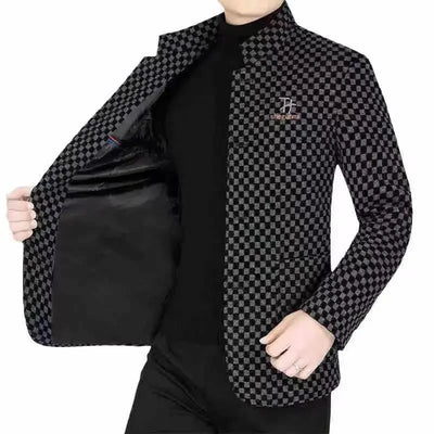 High Quality Men's Blazers Business Casual Stand Collar Woolen Jacket Classic Plaid Retro Versatile Tops Streetwear Coats