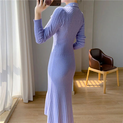 Sweater Dress Women New 2025 Autumn Winter Purple White Or Black High Waist A Line Dress Elegant Long Knitted Dress