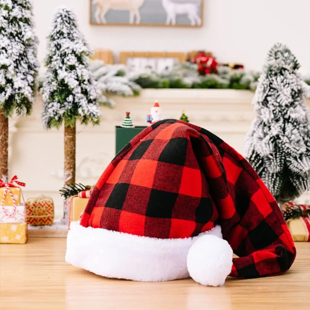 Fashion Merry Christmas Decoration Christmas Hat Santa Claus Plaid Santa Claus Hat Velvet Beanie Red Plush Hat Christmas Gift