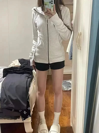 Deeptown American Vintage Cropped Hoodies Women Korean Style Streetwear Grey Zip Up Hooded Sweatshirt Casual Y2k Slim Hood Shirt