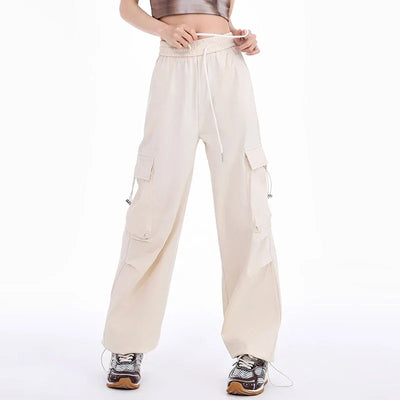 American Drawstring Fashion Women's Pants Casual Pocket Cargo Pants Female Straight Baggy Outdoor Sweatpants Red Apricot Khaki