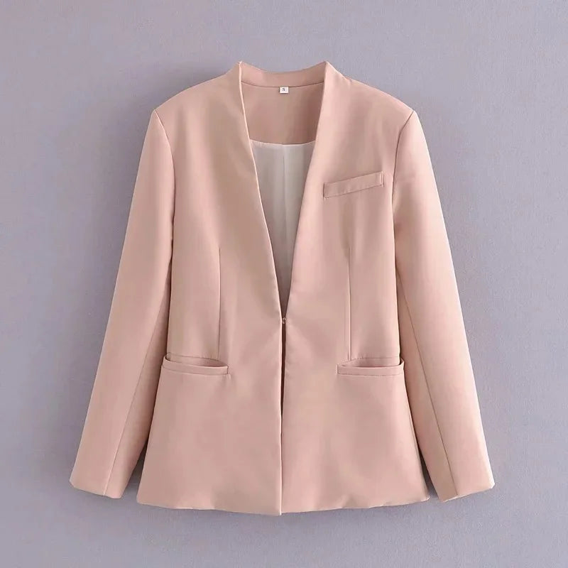 New Autumn Blazers Women Suit Coats Candy Color V Neck Long Sleeve Elegant Casual Jacktets