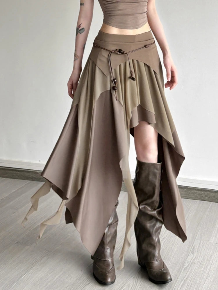 Solid Color Long Skirts For Women Streetwear Asymmetrical Falda Sexy Mujer Slim Fit Korean Fashion Clothing Ruffles Jupe Femme