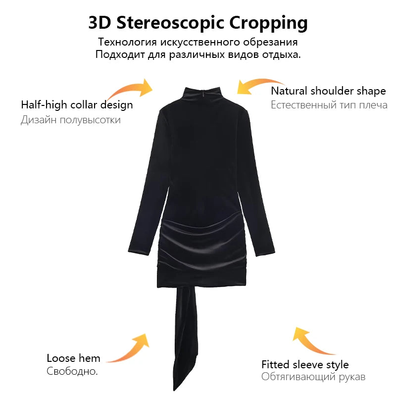 Womens Dress Velvet Turtleneck Long Sleeve Belt Fashion Short Dress Easily Creates A Luxurious And Cool Chic Look Trafizaran