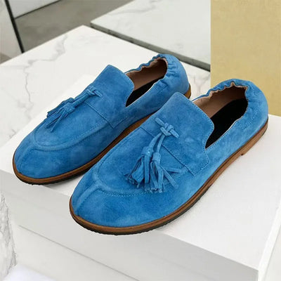 Suede Leather Loafers Woman Fringe Decor Casual Shoes Round Toe Slip-on Daily Lightweight Office & Career Flat Shoes Women