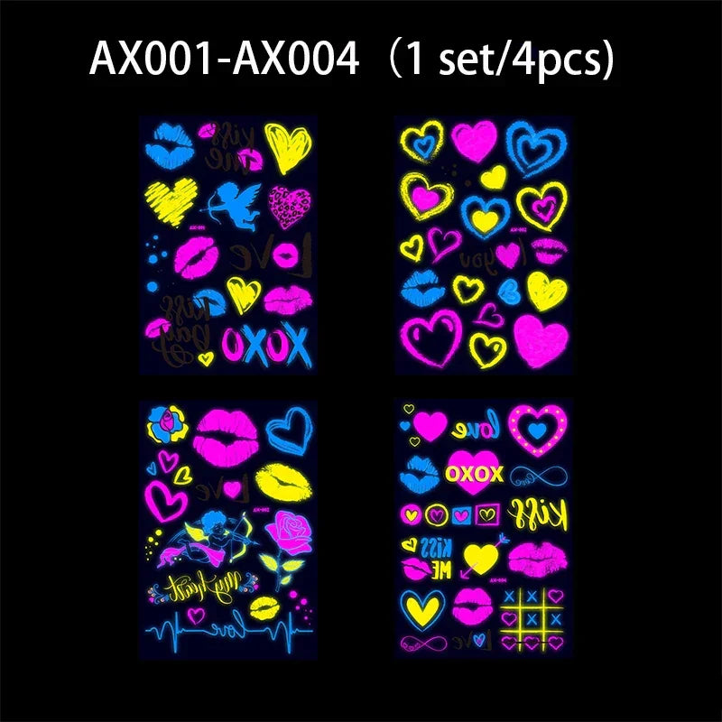 Temporary Fluorescent Tattoos Flower Feather Animals Pattern Body Arm Leg Face Stickers Night Bar Party Music Festival