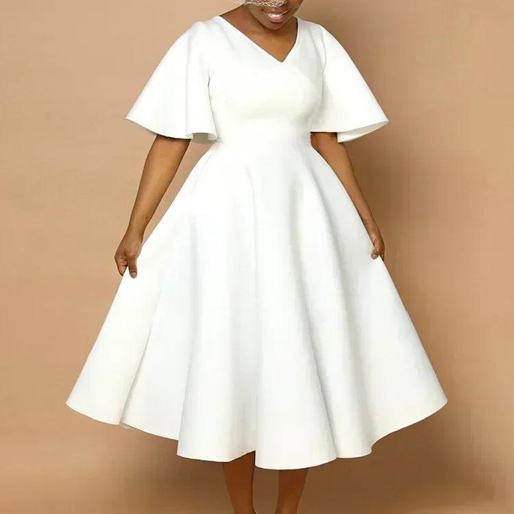 Elegant party dresses for women v neck ruffles sleeve high waisted pleated mid calf luxury birthday dinner vestidos
