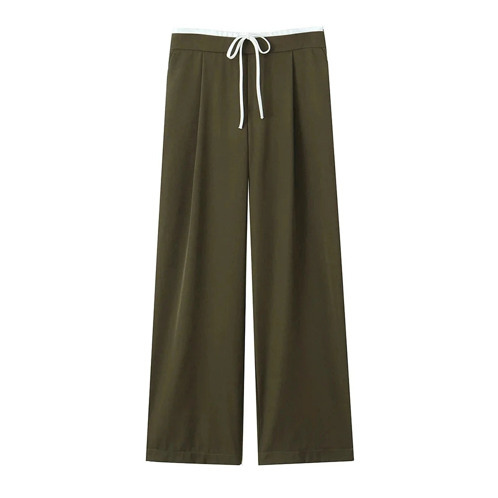 Women's Double Waistband Wide Leg Pants, High Elastic Waist With Drawstring, Side Pockets, Female Trousers, Chic Fashion
