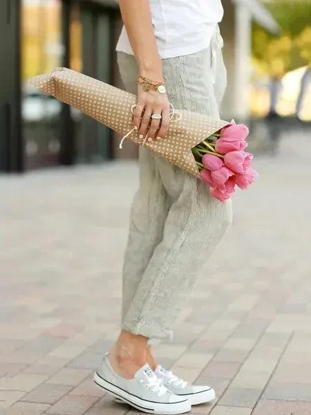 Cotton linen trousers for women solid color elastic waist casual pants drawstring loose autumn new female