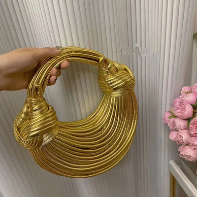 Handbags for Women 2025 New in Gold Luxury Designer Brand Handwoven Noodle Bags Rope Knotted Pulled Hobo Silver Evening Clutch