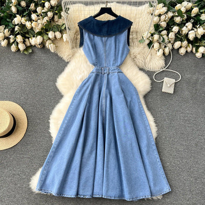 Designer Denim Dress Women Long Dresses Single Breasted Big Turn-down Collar Waist Slimming Temperament Split A-Line Vestidos