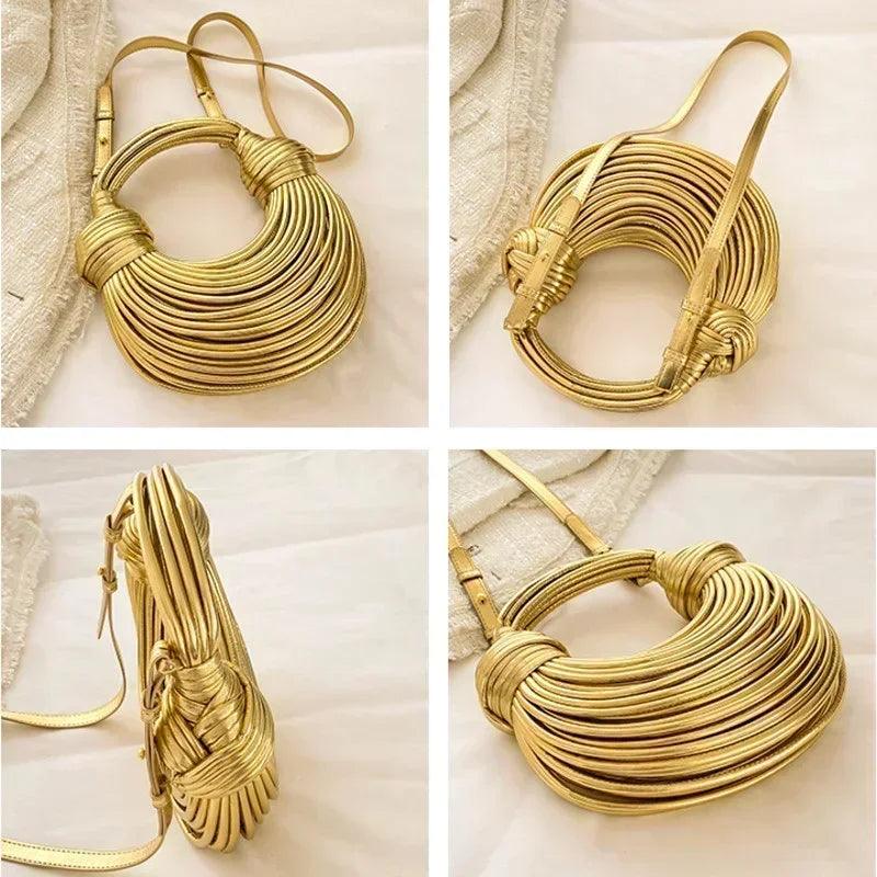 Handbags for women 2024 new gold luxury designer brand handwoven noodle bags rope knotted pulled hobo silver evening