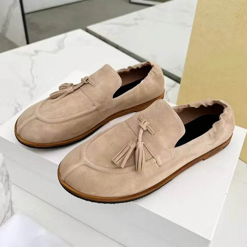 Suede Leather Loafers Woman Fringe Decor Casual Shoes Round Toe Slip-on Daily Lightweight Office & Career Flat Shoes Women