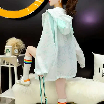 Summer Thin Sunscreen Jacket Women New Kawaii Bear Print Coats Female Casual Korean Loose Zipper Windbreaker