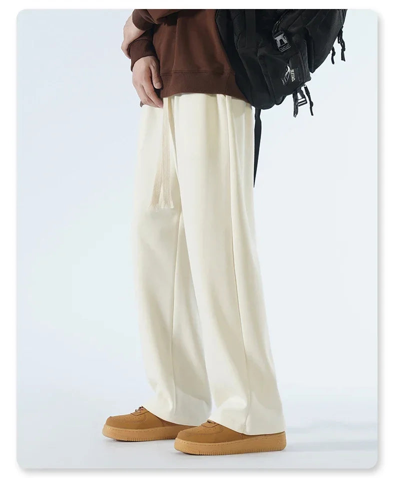 New Men's Casual Pants Wide Leg Straight 65% Cotton Fabric Outdoor Sweatpants Neutral High-quality Soft Long Baggy Trousers