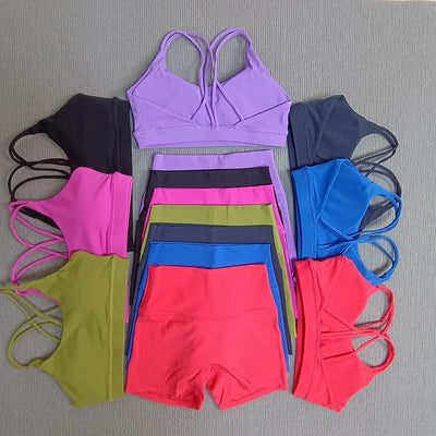 2 Pieces Yoga Set Gym Shorts Sports Set Women Workout Outfit Fitness Suit Cross Straps Bra High Waist Shorts Running Tracksuit