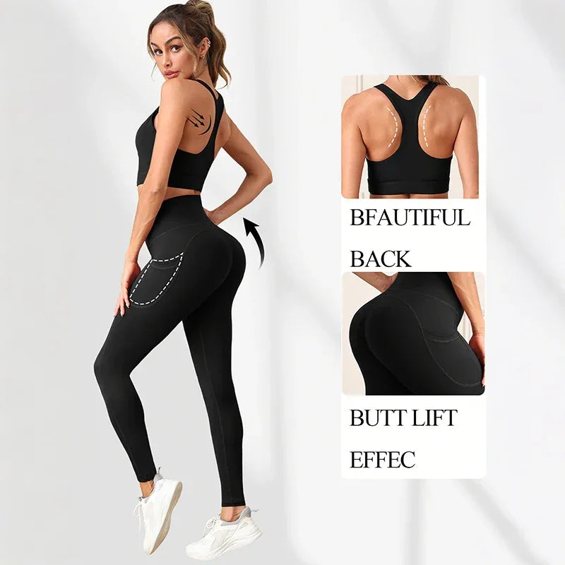 Women's Yoga Suit Cross-Back Sports Bra with Pads Control Leggings with Pockets