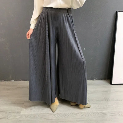 Pleated Wide Leg Pants For Women New Autumn 2025 Solid Color Elastic Waist High Quality Loose Casual Trousers Female