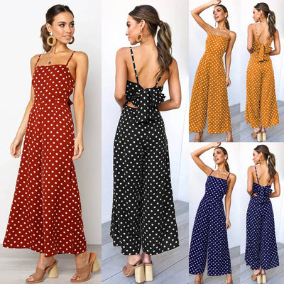 Women Elegant V-Neck Sleeveless High Waist Jumpsuit Summer Sexy Polka Dot Romper Female Loose Wide Leg Playsuits Fashion