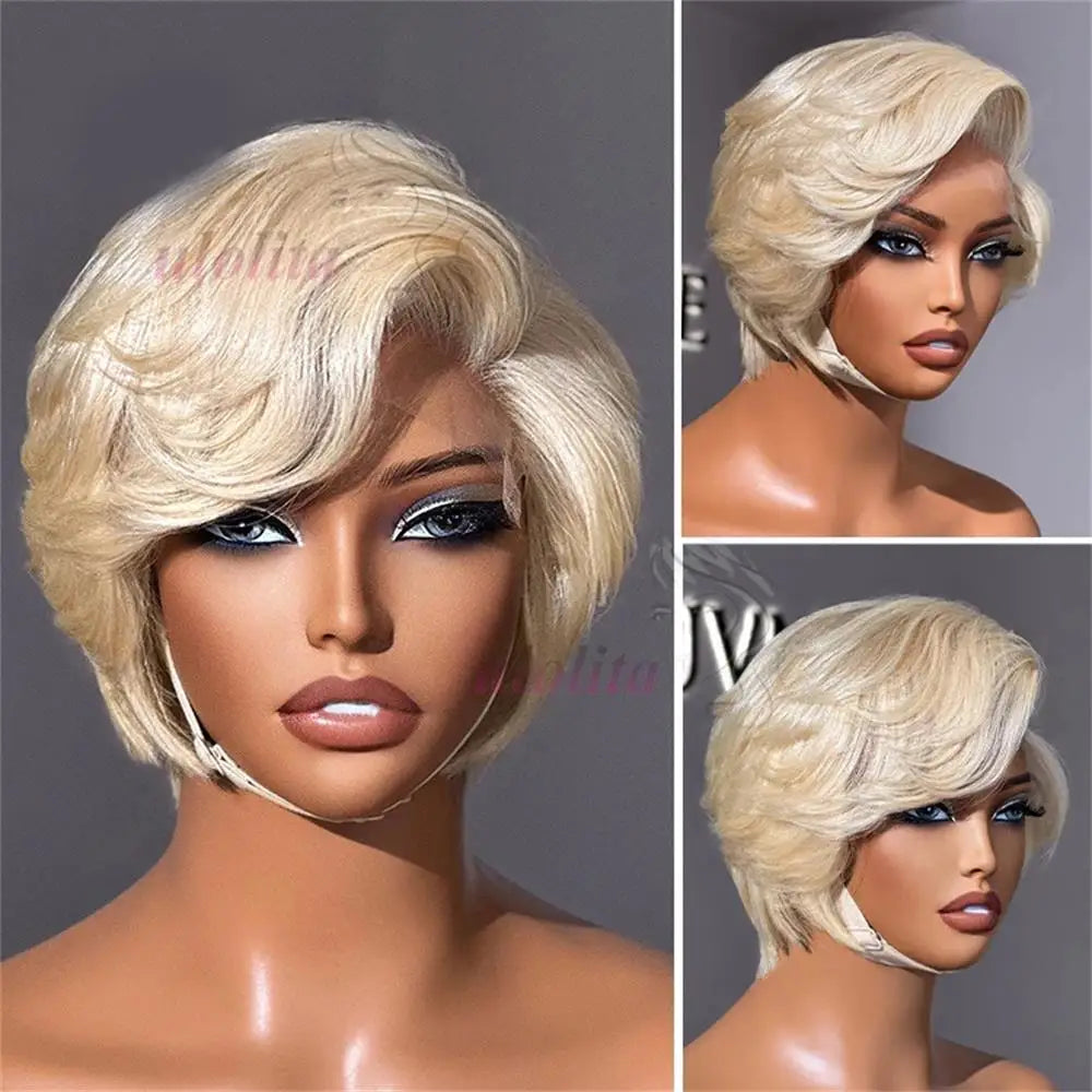 Short Hair 613 Blonde 180% Pixie Cut Wigs Human Hair Wig With Bangs 13x4 Lace fronta Wig Brazilian C Parted Minimalist Pixie Wig
