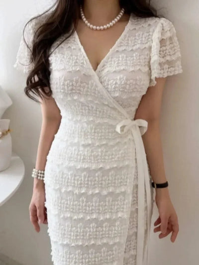 Elegant Sexy Crochet Flower Short Sleeve V Neck Dress, Slim Fit High Waisted Lace Up Dress for Women