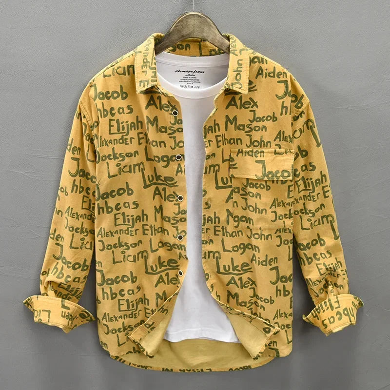 Spring and Autumn New Loose Corduroy Cotton Printed Long Sleeve Shirts for Men Clothing Cargo Letter Retro Big Pocket AZ109