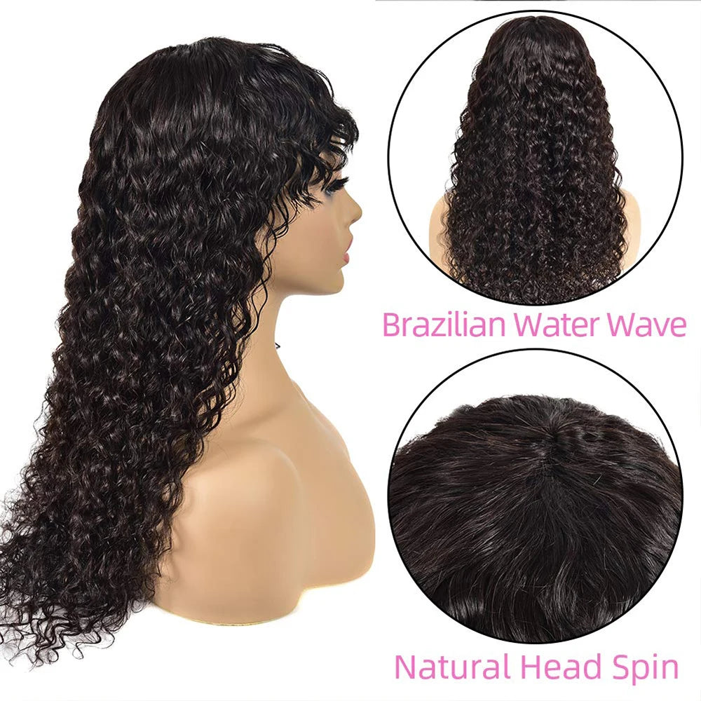 Curly Human Hair Wigs with Bangs Water wave Wig Brazilian Unprocessed Virgin Hair Machine Made Curly Human Wigs 150% Density