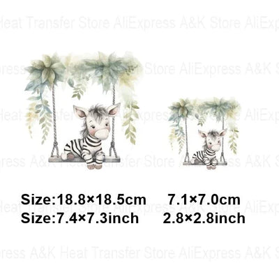 Baby Animal On Swings Heat Transfers For Kids Clothing Elephant Tigers Lion Stickers On Clothes Diy Thermal Patches Decals