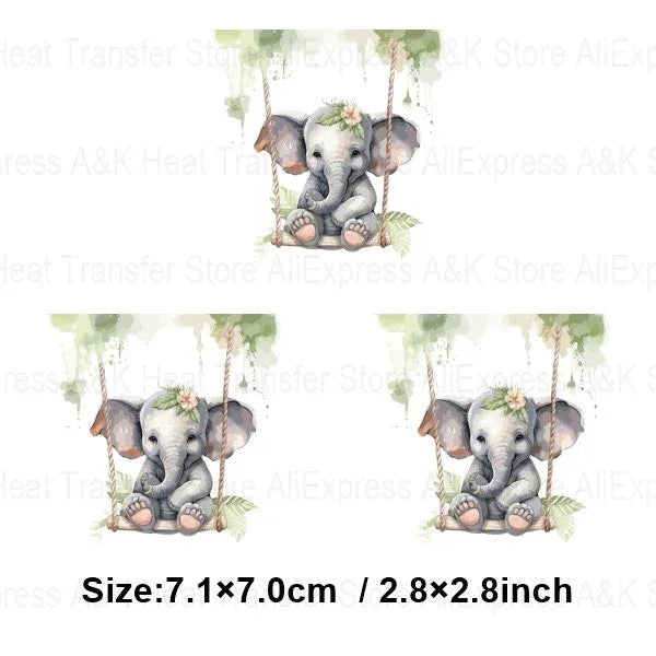 Baby Animal On Swings Heat Transfers For Kids Clothing Elephant Tigers Lion Stickers On Clothes Diy Thermal Patches Decals