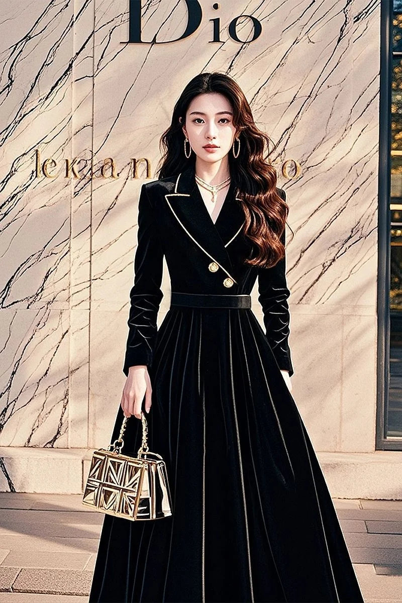 Style High-end Black Velvet Dress For Women, 2025 Autumn New Collection, Formal Occasions, Waist Cinching Suit Style Long Skirt