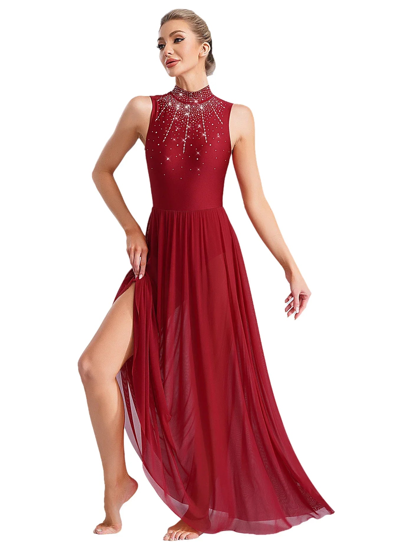 Women Lyrical Contemporary Ballroom Modern Dance Costume Dancing Prom Gown Side Split Maxi Dress for Ballet Gymnastics Skating