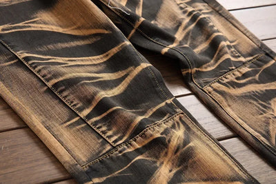 2025 Men's Fashion Vintage Jeans Slim Straight Leg Tie Dye Pleated Biker Denim Pants Male Casual Pants Oversized 42 High Quality