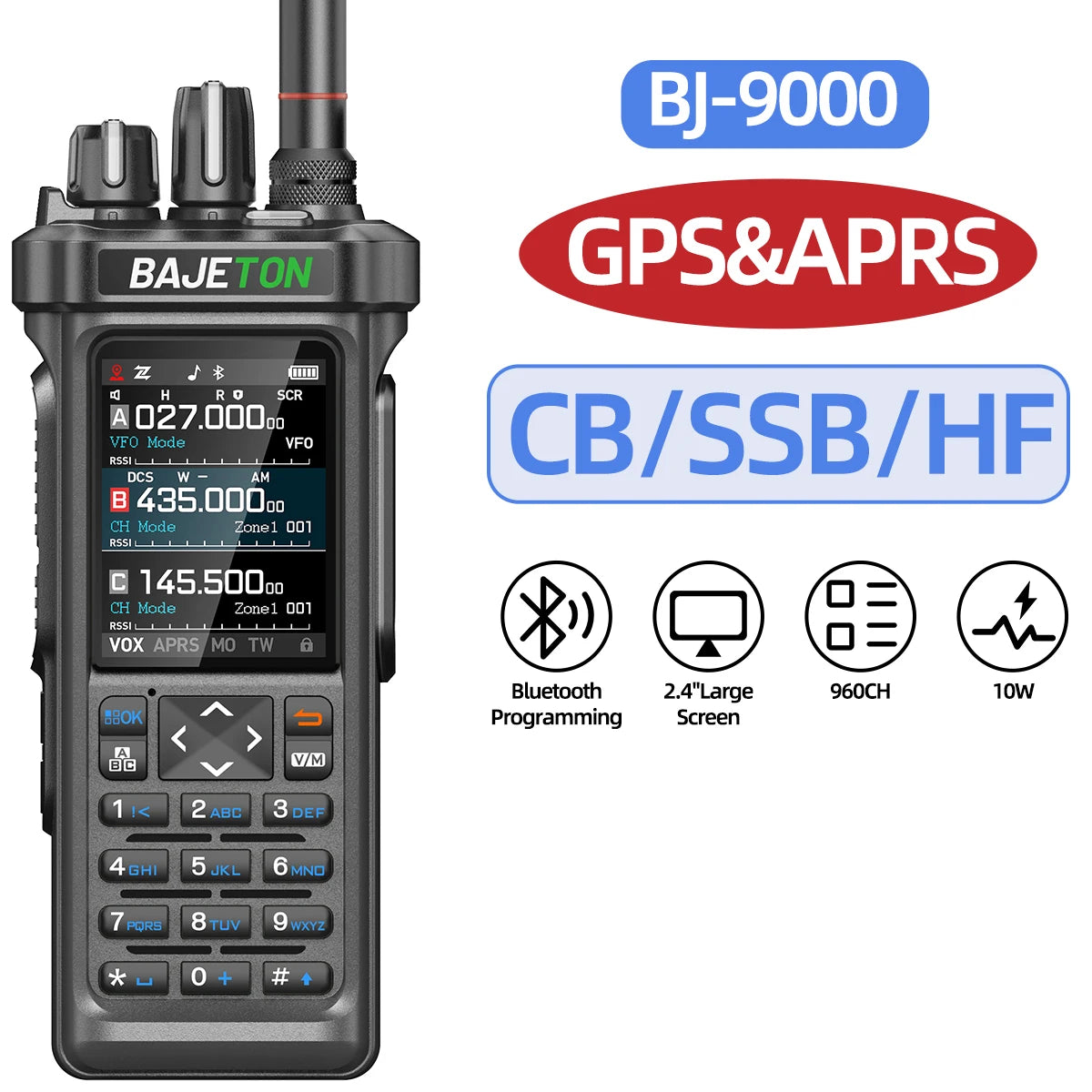 BAJETON BJ-9000 GPS APRS Walkie Talkies 10W CB 27Mhz CB/SSB/HF Receive Bluetooth Programming NOAA ShortWave For RT-950 Ham Radio