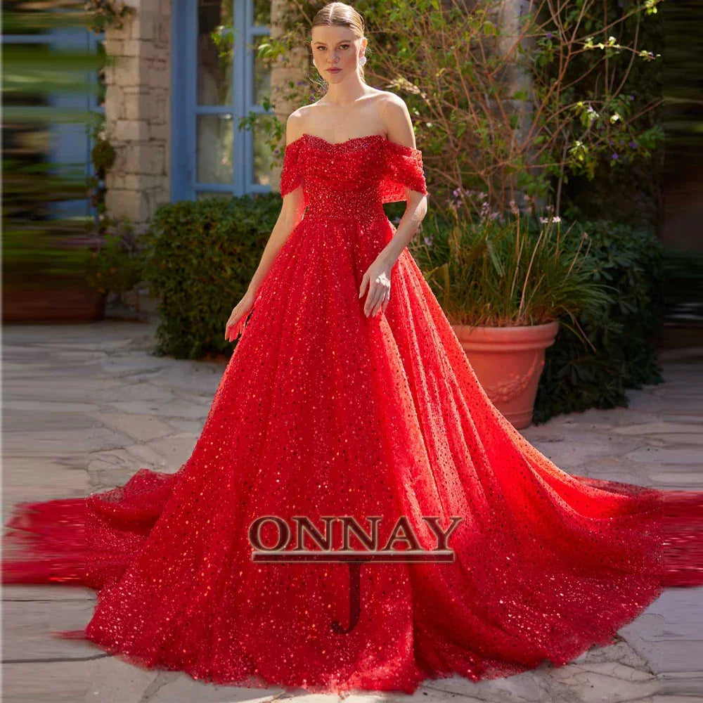 Customized Luxury Sequin Prom Dresses for Women Pearls Ball Gown Saudi Arabric Gala Pageant Bespoke Gown Vestidos De Fiesta