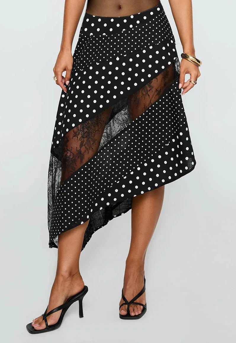 Women's Flowy Midi Skirt Vintage Low Waist Floral/Dots Print Long Skirt Lightweight Fall Skirt