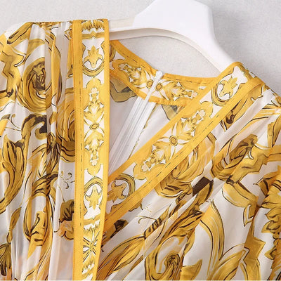 Fashion Designer Long Dress Women Elegant  V-Neck Long Sleeved Printed Belt Dresses Luxury Designer High Quality Female Clothing