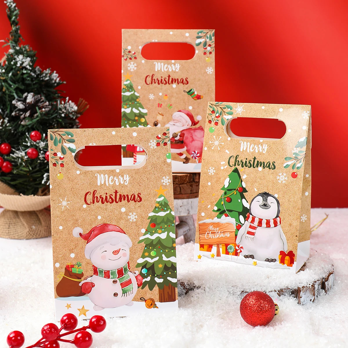 Christmas Kraft Paper Gift Bag Navidad Natal Noel Tree Candy Cookie Bag Merry Christmas Decorations For Home 2024 New Year 2025