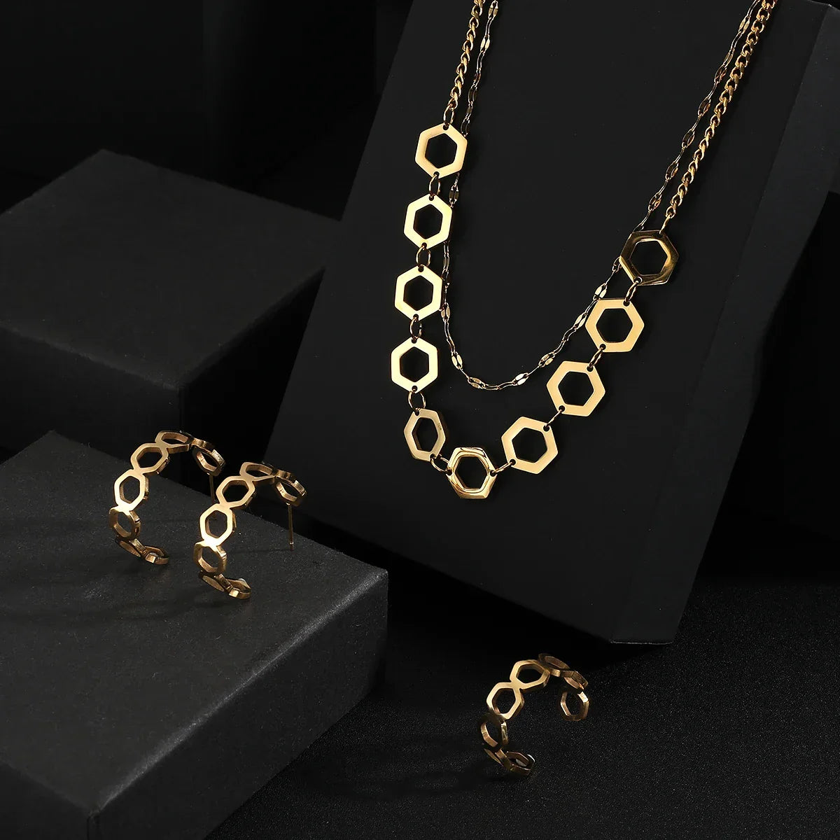 Fine Jewelry Set Stainless steel double layer clavicle chain Necklace+Earrings + Ring Gold Jewelry Sets For Women  Charm Jewelry