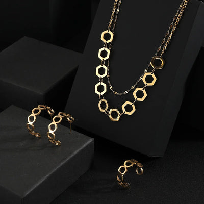 Fine Jewelry Set Stainless steel double layer clavicle chain Necklace+Earrings + Ring Gold Jewelry Sets For Women  Charm Jewelry