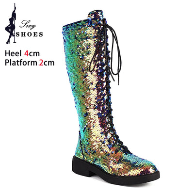 Knee-High Boots Women Flat Gothic Fashion Low Heel Shoes Autumn Winter Sequins Heels Bling Bling Silver Luxury Womens Long Boots