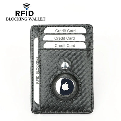 Black RFID-blocking carbon fiber slim wallet with Apple AirTag holder