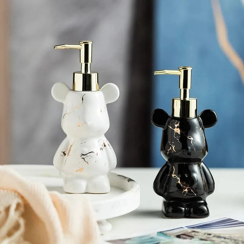 Luxury Marbling Bear Shape Ceramics Soap and Gel Dispenser Creative Black White Empty Shampoo Bottle Bathroom Storage Accessorie