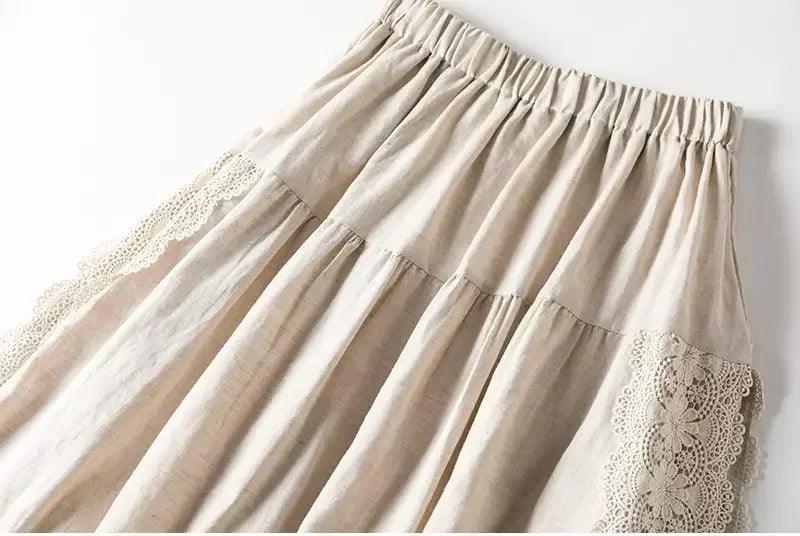 Vintage chic embroidery linen cotton long skirts women summer elastic high waist pleated maxi skirt female elegant